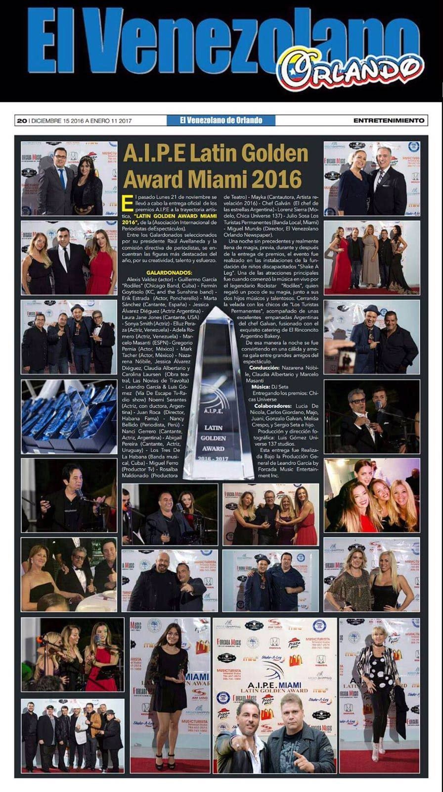 A.I.P.E. Latin Golden Award Miami 2016 · El Venezolano Orlando